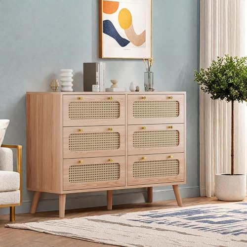 Aneutr Rattan Kommode mit 6 Schubladen, Kommode Sideboard Schlafzimmer, Holz Schubladenschrank Viel Stauraum für Wohnzimmer, Schlafzimmer, Flur, 100 x 34 x 73cm (Holz, 6 Schubladen)