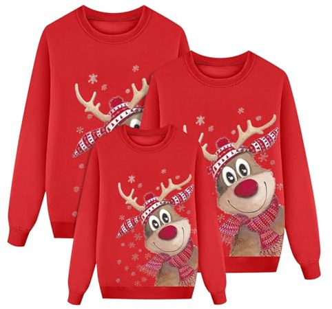 Generisch Weihnachtspullover Familie Set Christmas Sweater Mit Rentier Muster - Langarm Buchstabendruck Lockere Rundhals Oberteil Weihnachtsmode Kuscheliger Stretch Pullover Weihnachten Winter