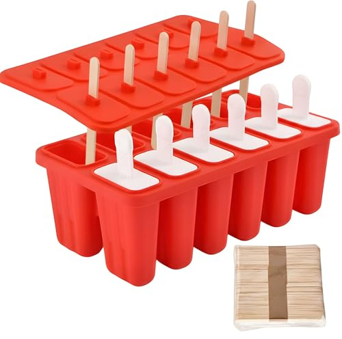 Yunision Ice Pop Mould, 12-Cavity Silicone Easy-Release Ice Cream Mold with 50 Wooden Sticks, Reusable Ice Lolly Maker for DIY Ice Cream, Yogurt, Juice & Smoothies for Kids & Adults (Red)