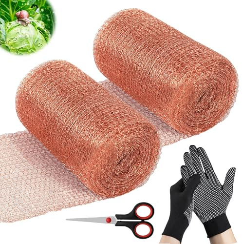 2 st Koppargitterrullar för snigelskydd, tvåskikts koppar trådnät, kopparnät 127mm x 10m, snigelstängsel av koppar för trädgård och hus, inklusive 1 skärare set, 1 par nylonhandskar
