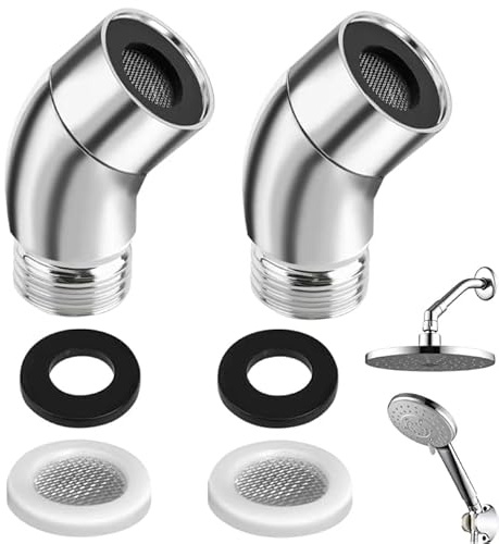 Lot de 2 Adaptateur Pomme de Douche Haute Pression pour Douchette à Main | Coudé en Laiton Massif à 135 Degrés Connecteur d'extension de Tête de Douche G1/2 avec Joint en Caoutchouc (Argent)