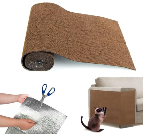 Katze Kratzmatte Kratzfolie Katzen Selbstklebend Kratzbretter Wand, 30 X 200 cm Kratzmatte Schneidbar Kratzpads für Katzen, Kratzpappe Katze Wand Möbel, Kratzbäume und Couch Schutz, braun