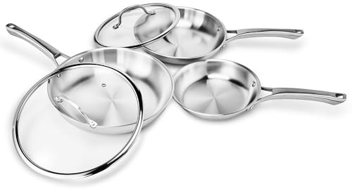 ROVSON 5-Piece Stainless Steel Frying Pan Set, Induction Hob Pan Set, Polished, Riveted, Dishwasher Safe, 20cm, 24/28cm Lidded, Daily Meals