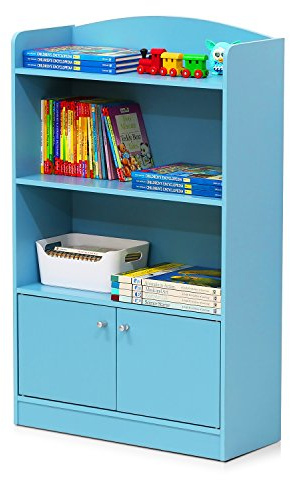 Furinno Lova Bookshelf with Storage Cabinet, Light Blue, 3-Tier with Cabinet