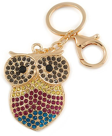 Avalaya Multicoloured Crystal Owl Keyring/Bag Charm In Gold Tone - 10cm L