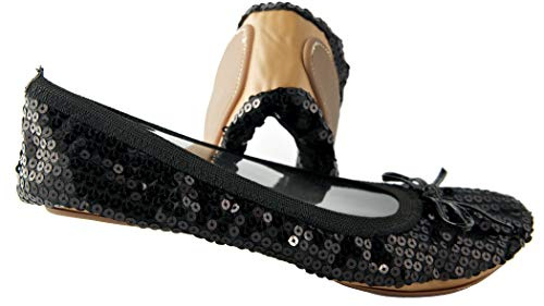 Sequin Sparkle Foldable Portable Shoes - Comfortable Women Ballet Flats that foldup and fit in Bag (9, Black)