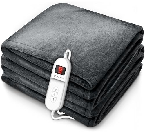 sinnlein® Heizdecke Plüsch 200 x 180 cm Grau | elektrische Wärmedecke mit Abschaltautomatik | Kuscheldecke | Timerfunktion | 9 Temperaturstufen | waschbar bis 40°C | Digitalanzeige