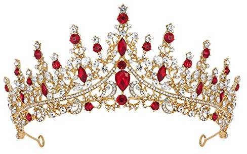 SWEETV Baroque Princess Tiara for Women, Royal Queen Crown Diadem Headband, Crystal Costume Accessories for Prom Birthday Red, Audrey Quinceanera Crown