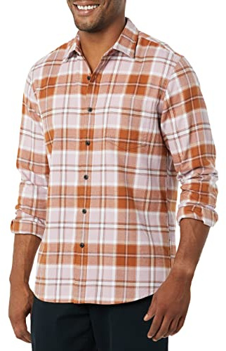 Amazon Essentials Camicia In Flanella Scozzese Con Bottoni A Maniche Lunghe Sagomata Uomo, Marrone Lilla Motivo Scozzese, L
