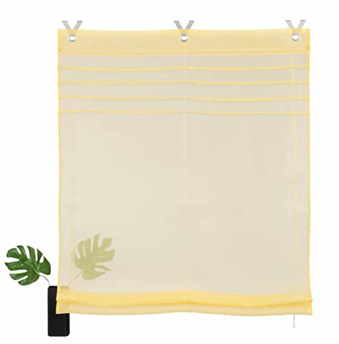 Devola Raffrollo transparent Ösenrollo Voile Raffgardinen Modern Rollo mit Hakenaufhängung Faltvorhang Dekoration Vorhänge BxH 60x140cm Gelb 1er Pack