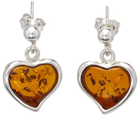 Ohrringe aus echtem Bernstein aus 925er Sterlingsilber in Herzform, hängend, natürlicher Edelstein, Bernstein, Cognac Schmuck für Damen, Ohrringe aus Sterlingsilber