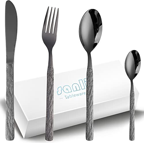 Couverts Noirs de Table 6 Personnes, SANLI 24 Pièces Un Service De Table Inox Ensemble Couteau Fourchette Cuillère.