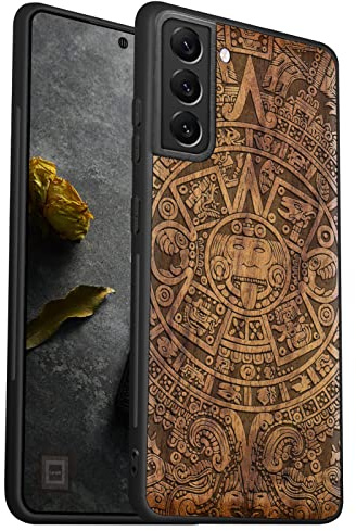 Carveit Handyhülle für Galaxy S22, Nussbaum,Maya-Kalender | Holzdesign Case [Holz und TPU Silikon Hybrid Hülle] Cover Kompatibel Samsung S22 5G Handyhulle