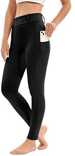 Havideto Reitleggings Damen Vollbesatz mit Handytasche, High Waist Reithose Damen Mädchen Stretch mit Gürtelschlaufen Schwarz M