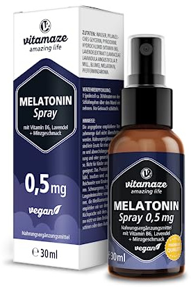Vitamaze Melatonin Spray hochdosiert & vegan, 0,5 mg Melatonin pro Tagesdosis, 30 ml für 6 Monate, mit Lavendel Extrakt, Vitamin B6 und Minz Geschmack