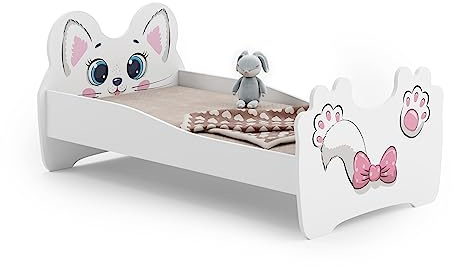 KOBI Barnsäng vit katt | 160 x 80 cm | liten flicksäng för barn | med madrass och ram | babyrummet | enkelsäng med barriär