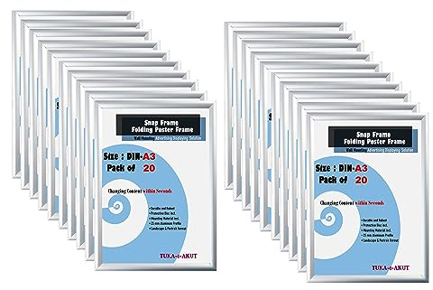 TUKA-i-AKUT 20er A3 Klapprahmen aus Aluminium 25 mm Profil, Plakatrahmen Wechselrahmen Poster Rahmen Schnapprahmen Aufklappbar mit Schutzscheibe Befestigungsmaterial, Silber Farbe, TKD8420-A3-20X