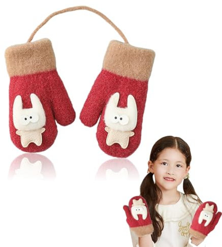 INGJIA Gants et Moufles Hiver Fille Garçon, Moufle Epais Enfant Gant Tricoté avec Ficelle Gant Chaud Moufle Mignon pour Enfants Gloves Ski