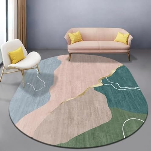 Modern Design Carpet Teppich Oval Kurzflor Teppich Rosa hellgrüne graue weiße Linien Korridor Schlafzimmer, Küche, Wohnzimmer Oval 140X200CM