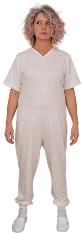 Pigiama Sanitario con Cerniera sul Dorso, Tuta Intera 100% Cotone, Manica Corta, Pantalone Lungo - 9012/3 - per stagioni intermedie, Tessuto Leggero, per Anziani, Alzheimer, Incontinenza (M, Donna)