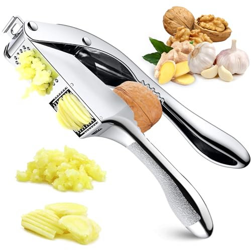 GBLAVM 2 En 1 Prensa Ajos Acero Inoxidable, Picador Ajos Mango Antideslizante, Prensador de Ajos Con Cepillo de Limpieza y Pelador de Ajos, Machacador de Ajos Apto para Lavavajillas