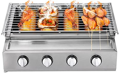 Gasgrill Camping, Kleiner Gasgrill mit 4-Schalter, Gasgriller Ofen aus Edelstahl mit Stahlabdeckung, Netzrahmen, Tischgrill, Balkon-Grill, Camping-Grill, 57×39×17.5 cm, Silber