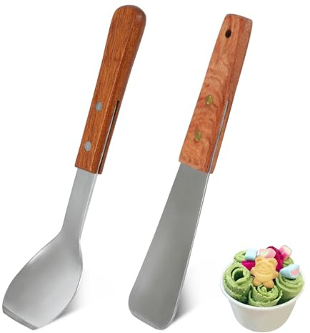 2 Pieces Ice Cream Scoop with Wooden Handle, Stainless Steel Dessert Spade & Butter Cutter, Essential Kitchen Tool – Perfect Flat Ice Cream Metal Spade for Home and Commercial Use