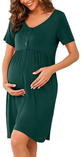 Bresdk Camicia da Notte per Allattamento Donna con Bottoni Estiva Manica Corta Parto Ospedale Morbidi Eleganti Abiti Premaman, Verde Scuro, L