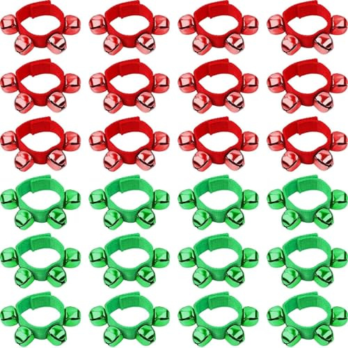 Augshy Christmas Wrist Bells Bracelets, 24Pcs Wrist Band Jingle Bells | Red Green Bells, Musical Instruments Adjustable Hand Ankle Bells Kids