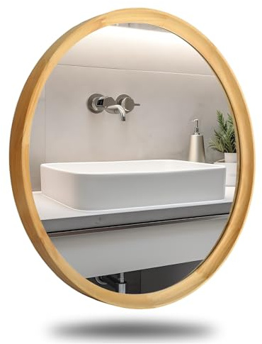 JIYUERLTD Wandspiegel, Runder Spiegel, Dekorative Holzrahmen Morden Spiegel für Badezimmer, Eingänge, Wohnzimmer und Puderzimmer, Schlafzimmer (Natural Wood, 60L x 60B cm)