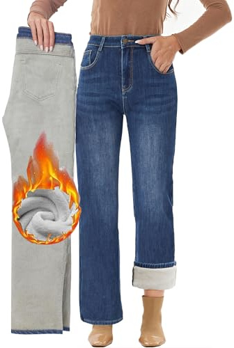 Fakanhui Jeans de pierna ancha con forro polar para mujer, de franela térmica, holgados, casuales, cálidos