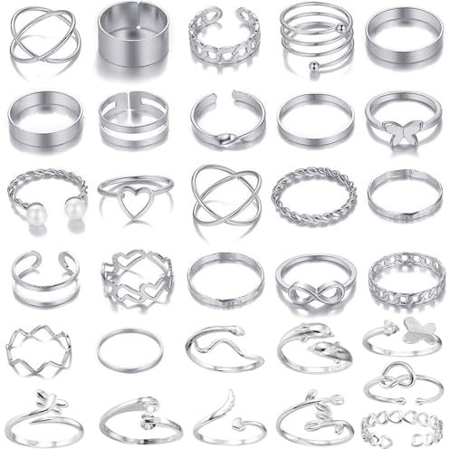 JSTHHTT 31 Stück Ringe Set für Damen - Boho Gelenk Fingerringe, Knöchel, Stapelbare Offene Daumen und Midi Ringe - Ideal für Geburtstagsfeiern, Abschlussbälle - Silber