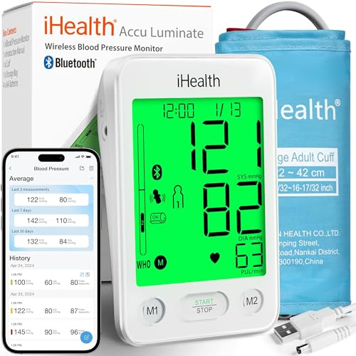 iHealth Accu Luminate Blood Pressure Monitor – 4.5 Tri-Color WHO-Based LCD(White), Clinically Accurate, Irregular Heartbeat Alert, Body & Cuff Detection, Bluetooth Cloud Sync, Large 8.6–17 Cuff