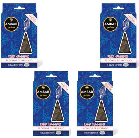 Ambar Perfums Conos de Incienso Nag Champa Pack de 4 60 Total con Soporte Incluido Incienso Aromático con Aceites Naturales y Fragancia Premium Meditación, Relajación y Purificación del Hogar