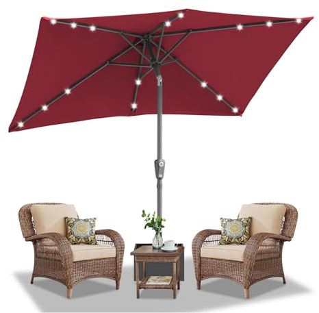 Daromigo Sonnenschirm Rechteckig LED Solar 210 x 140cm Rot mit Kurbel | Ampelschirm Sonnenschutz UV50+, 30° knickbar, Gartenschirm Terrassenschirm wasserdicht für Garten, ohne Ständer