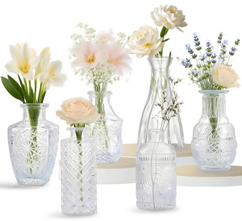 6 Pcs Glass Bud Vases Set Mini Flower Vase for Home Decor Clear Wedding Decor Small Vintage Table Centerpiece Decorations for Dining Table Reception and Floral Arrangements(Clear)