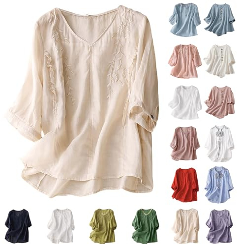 Tshirt Damen Sommer, Leinenbluse Damen, Baumwolle Leinen Shirt 3/4 Arm Blusen & Tuniken V-Ausschnitt Oberteile Elegant Leinenhemd Langarm