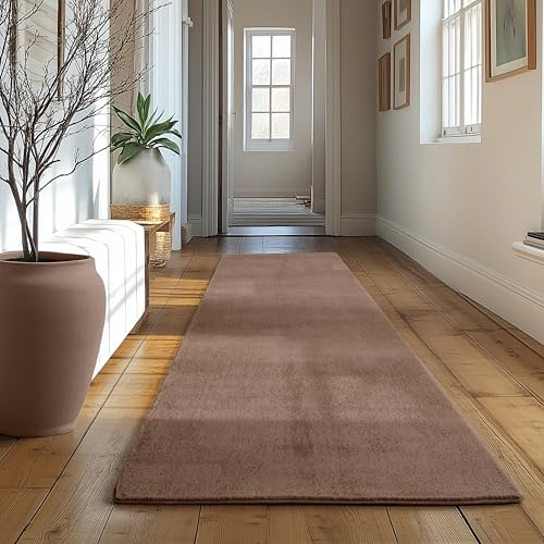SIMPEX Läufer Teppich Braun 80x250 cm Waschbarer Kurzflor Teppich, rutschfest & weich, modernes einfarbiges Design für Schlafzimmer, Küche & Flur