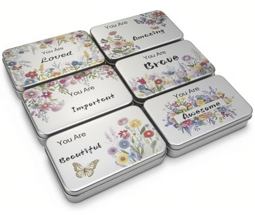 Goodma 6 Pack Rectangular Metal Tins Storage Organizer Gift Boxes, Silver | Inspirational Quotes & Flowers Image on Lid, 15 x 9 x 3 cm