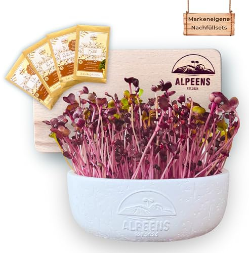 Alpeens® Microgreens Kresse-Anzuchtset - 4 Sorten Bio-Saatgut aus Italien, Handgefertigte Betonschale, Buchen-Schneidebrett, Kokoserde, Glassprüher, Anleitung, für Zuhause & als Geschenk