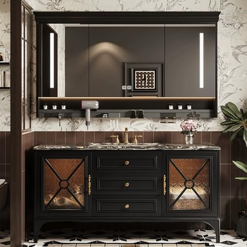 ARKCHIU Mueble De Baño, Lavabos Incluidos, con Patas, Cajones Guías Cierre Suave, Muebles De Baño con Gabinete EspejoBlack B,140cm/56in
