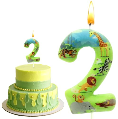 Tortendeko Dschungel, Safari Tortendeko, 3D Safari Kerze, Kinder Kerze Löwe, Geeignet Junge Mädchen, Geburtstag 2 Jahreg
