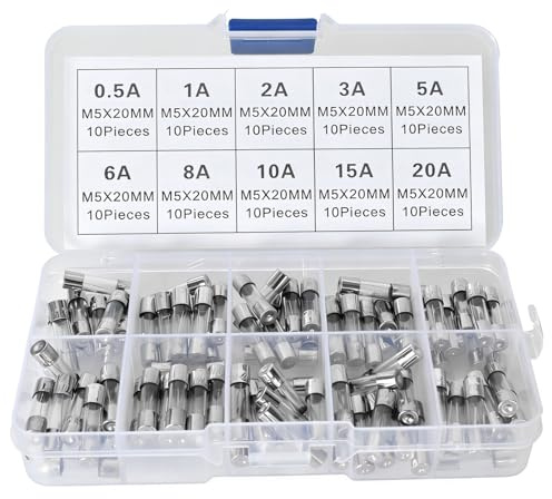 Confezione da 100 fusibili assortiti in vetro ad azione rapida, 10 valori, 250 V, 0,5 A, 1 A, 2 A, 3 A, 5 A, 6 A, 8 A, 10 A, 15 A, 20 A, mini fusibili, 5 x 20 mm, confezione in una scatola di plastica