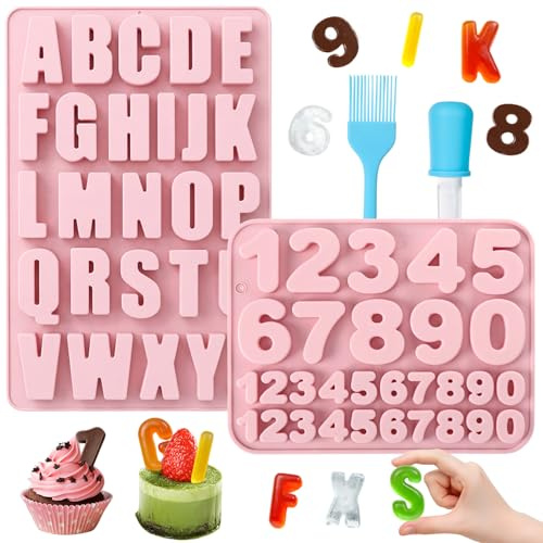 2 Stück Silikonform Buchstaben und Silikonform Zahlen, A-Z & 0-9 Groß Buchstaben Zahlen Backform mit Liquid Dropper und Silikonbürsten, 3D Silikonformen Gießformen für Kuchen, Keks, SüßIgkeiten (Rosa)