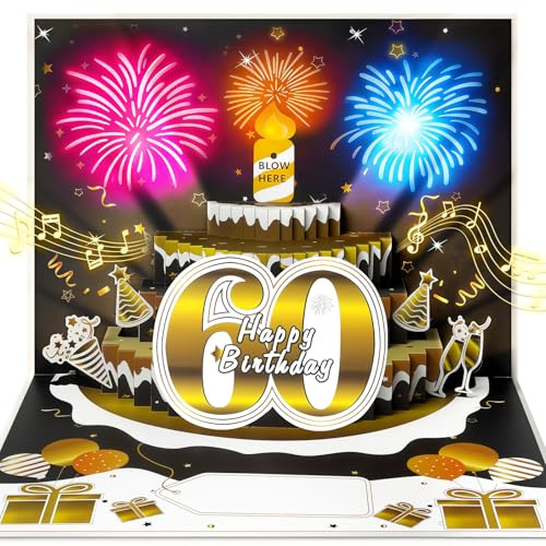 YianHien Geburtstagskarte 60 Mann mit Musik, Licht und ausblasbarer Kerze | 3D Pop Up Karte Geburtstag, Geschenk zum 60 Geburtstag Mann, Happy Birthday Deko