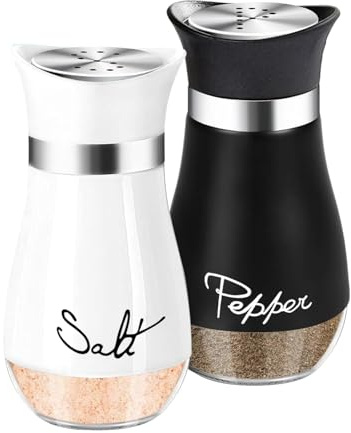 Salt and Pepper Pots Set, 4 oz Stainless Steel Salt Pepper Shakers with Glass Bottom, Refillable Seasoning Dispensers for Kitchen, Dining Table, BBQ, Camping and Caravan (Black and White)
