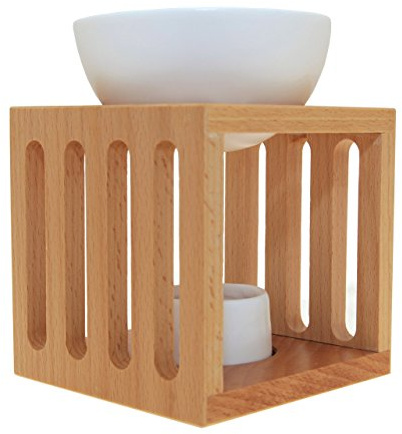 Bruciatore Oli Essenziali a Cubo Sensoli - Legno Massello con Grande Ciotola in Ceramica - per Diffondere Oli Essenziali e Cera Profumata