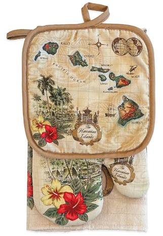 Kitchen Set Towel Oven Mitt Potholder Islands Hawaii Tan