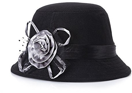 Cheerlife Vintage Wolle Wintermütze mit Satin Rose Deko Winter Bucket Hut Damenhut Frauen Mütze (Schwarz)