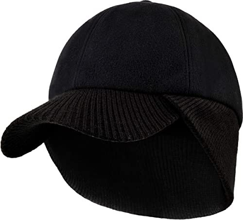 Mens Wool Winter Baseball Cap with Warmer Earflap Outdoor Beanie Ski Visor Hat (Black)